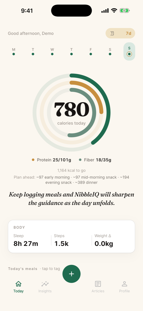 NibbleIQ Today screen &mdash; calories, sleep, and activity at a glance